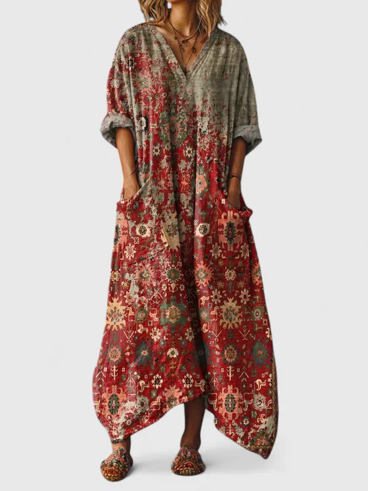 V-Neck Bohemian Print Short Sleeve Pocket Oversized Maxi Dress 2