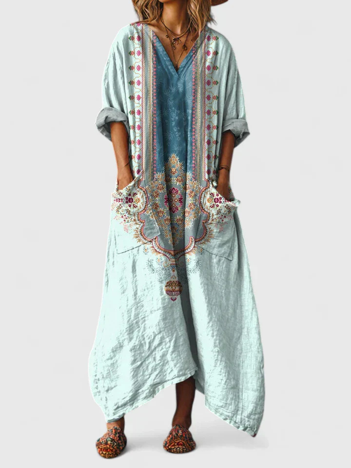 V-Neck Bohemian Print Short Sleeve Pocket Oversized Maxi Dress 6