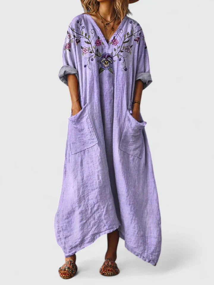 V-Neck Bohemian Print Short Sleeve Pocket Oversized Maxi Dress 8