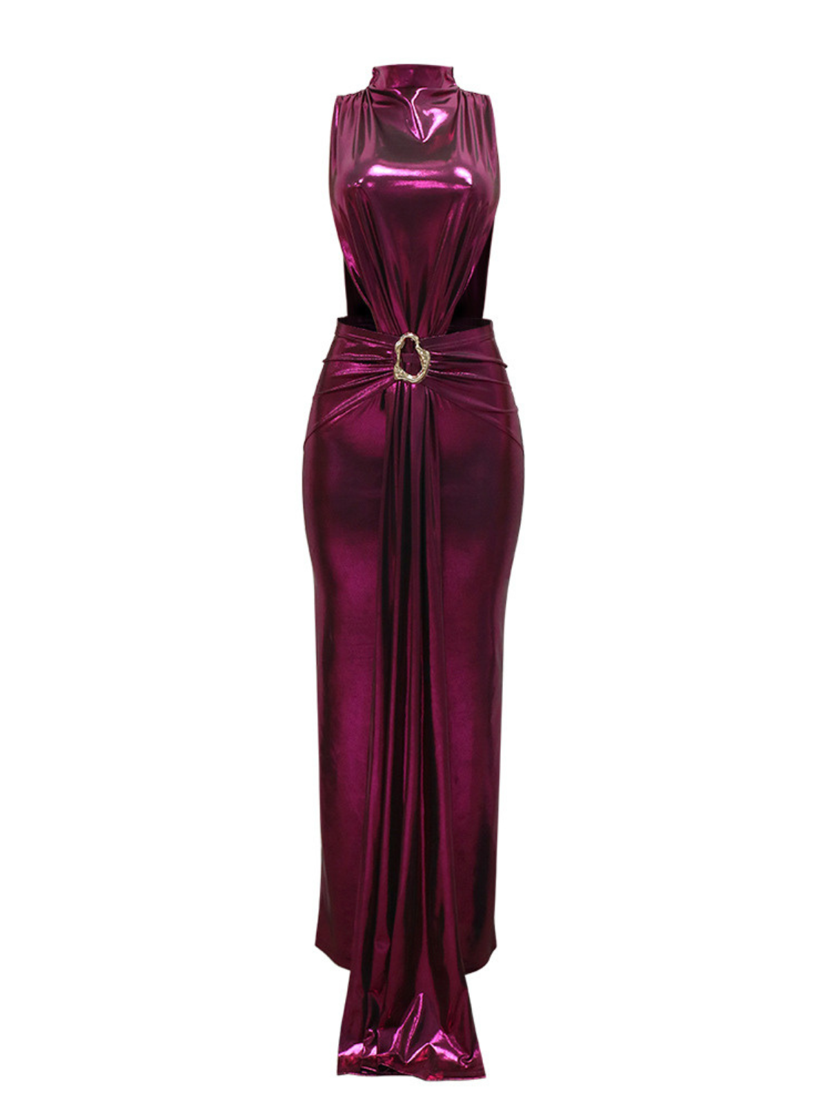 Sleeveless Draped Split Metallic Maxi Dress