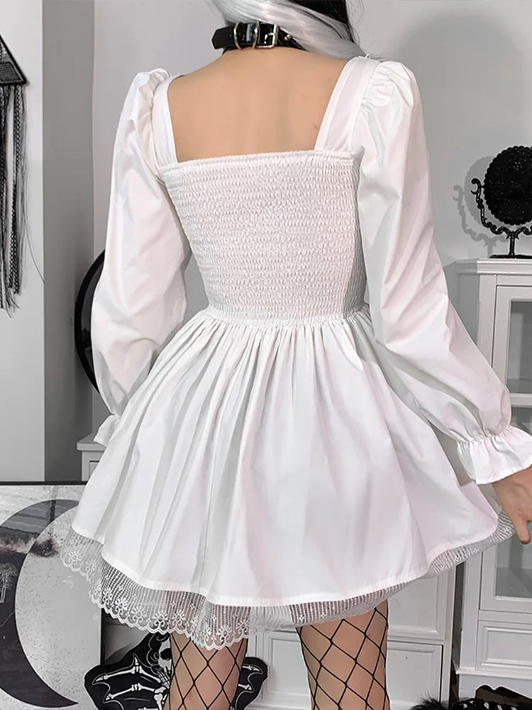 Spaghetti Strap Lace Satin Slip Party Mini Harajuku Vintage Square Collar Puff Sleeve Dress