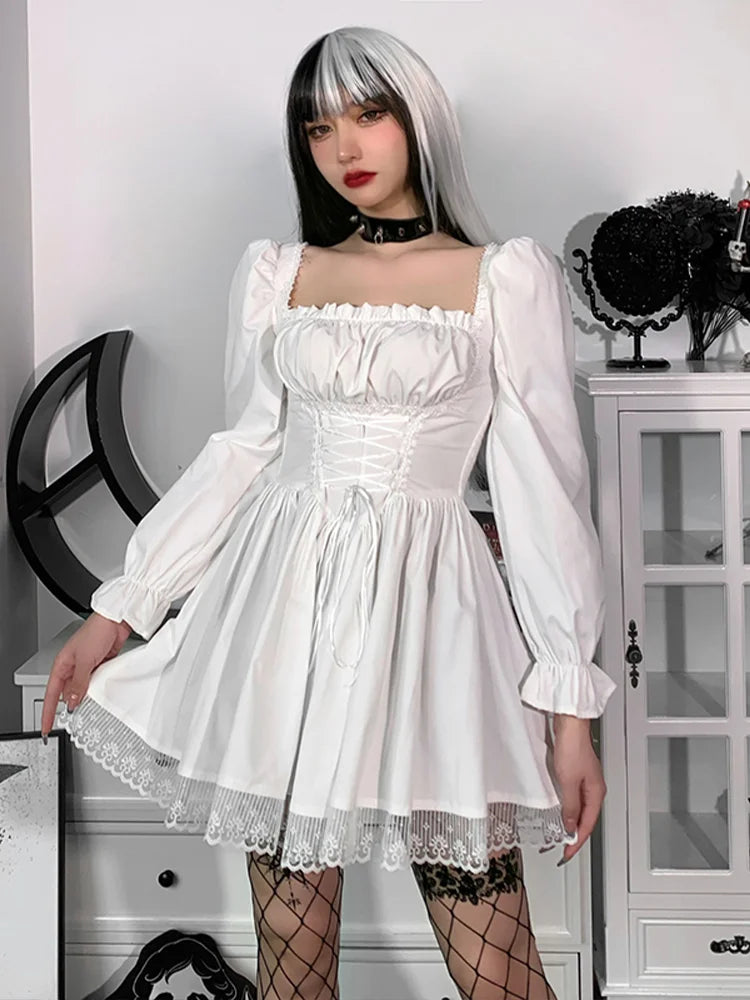 Spaghetti Strap Lace Satin Slip Party Mini Harajuku Vintage Square Collar Puff Sleeve Dress