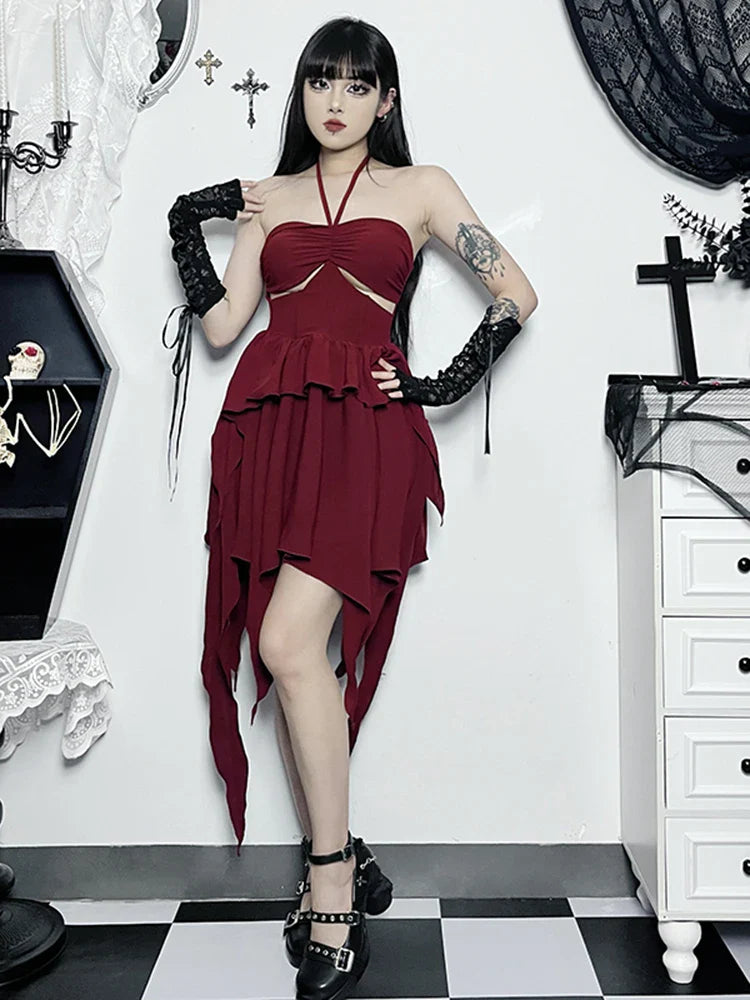 Halter Neck Sleeveless Ruched Bodycon Asymmetrical ALine Hem Party Cocktail Mini Dress