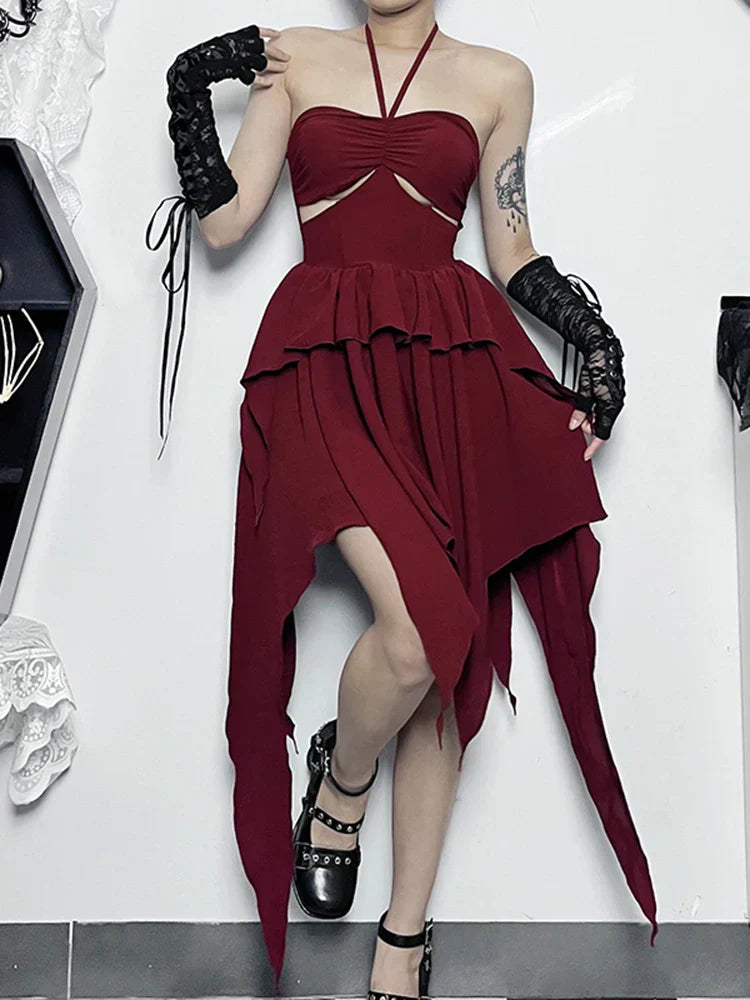 Halter Neck Sleeveless Ruched Bodycon Asymmetrical A-Line Hem Party Cocktail Mini Dress