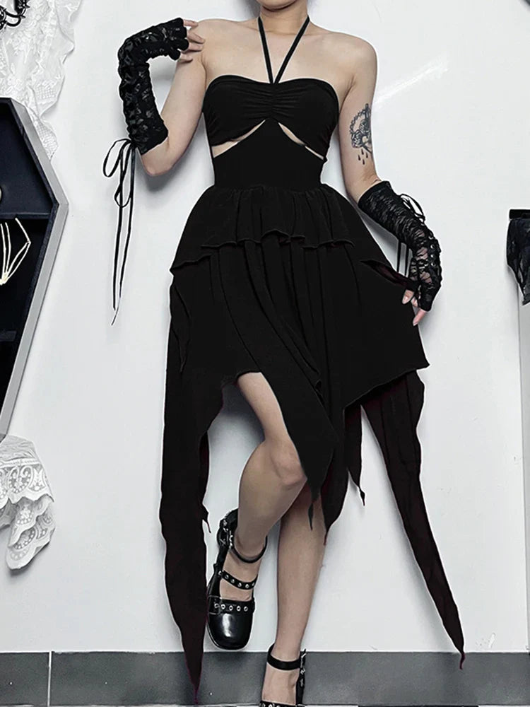 Halter Neck Sleeveless Ruched Bodycon Asymmetrical ALine Hem Party Cocktail Mini Dress