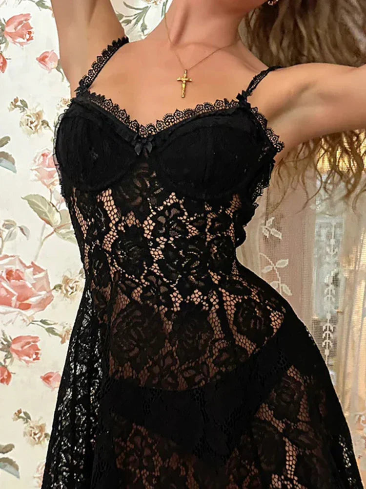 Gothic Lace Slip See Through V Neck Sleeveless Spaghetti Strap Bodycon Dress