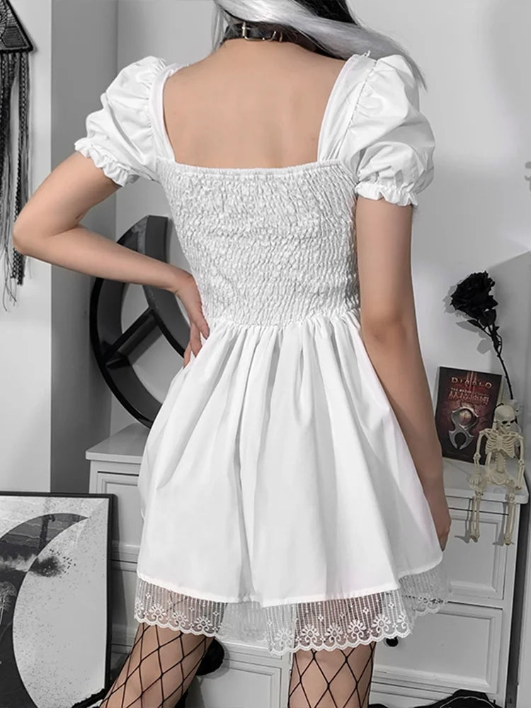 Square Neck Puff Sleeve Lace Up Corset Waist Lace Trim Hem Mini Dress 6