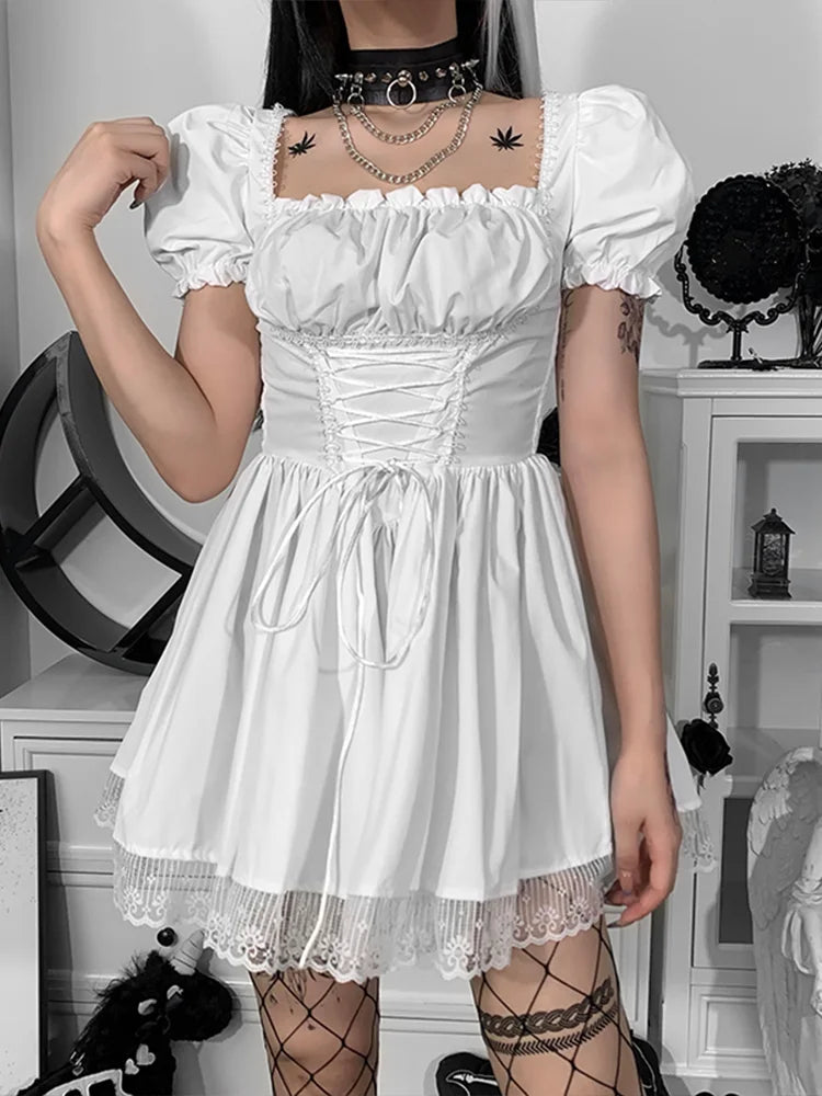 Square Neck Puff Sleeve Lace Up Corset Waist Lace Trim Hem Mini Dress 5