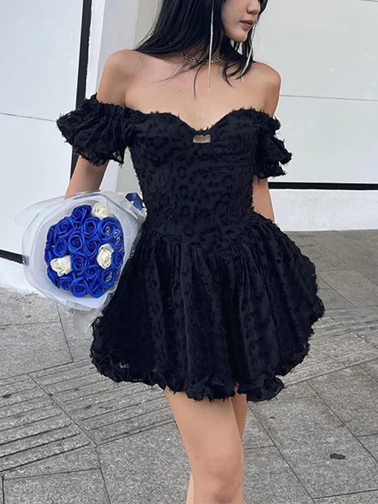 Textured Jacquard Print Off Shoulder Puff Sleeve Corset Skater Mini Dress 5