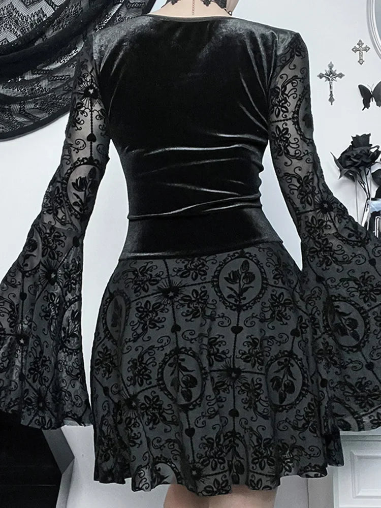 Long Sleeve Ruffle Mini Vintage V Neck Velvet Stretchy Bodycon Cocktail Victorian Dress