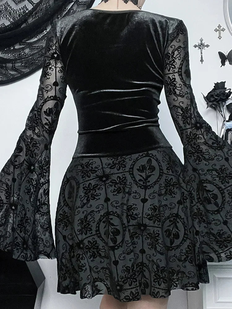 Long Sleeve Ruffle Mini Vintage V Neck Velvet Stretchy Bodycon Cocktail Victorian Dress