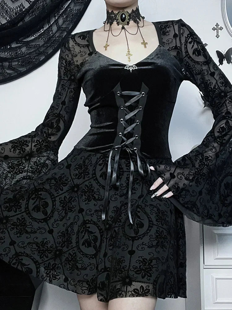 Long Sleeve Ruffle Mini Vintage V Neck Velvet Stretchy Bodycon Cocktail Victorian Dress