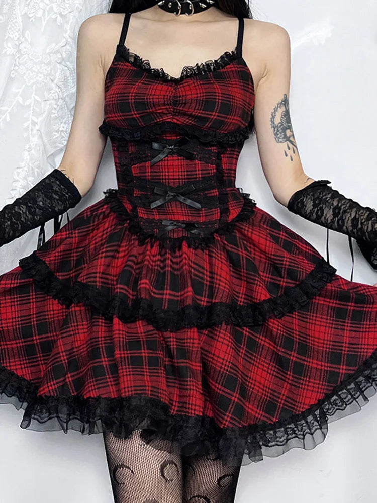 Plaid Mall Goth Grunge Punk Black Emo Party Lace Up Backless Mini Dress ALine Dress