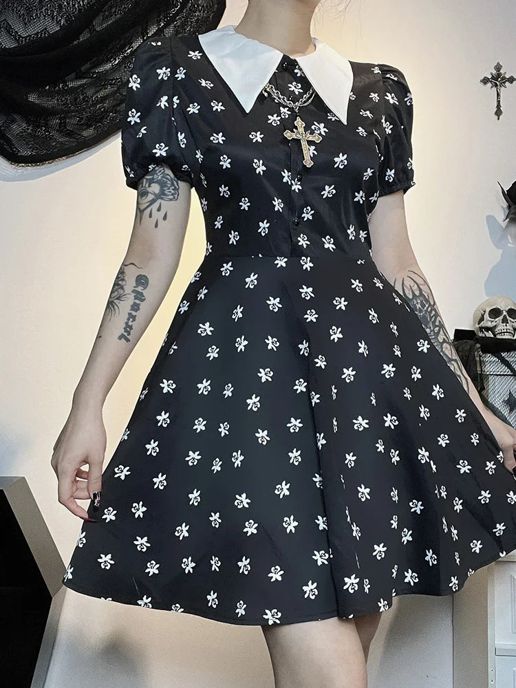Gothic Turn Down Collar ALine Punk Print Short Sleeve Swing Cloak Bodycon Dress