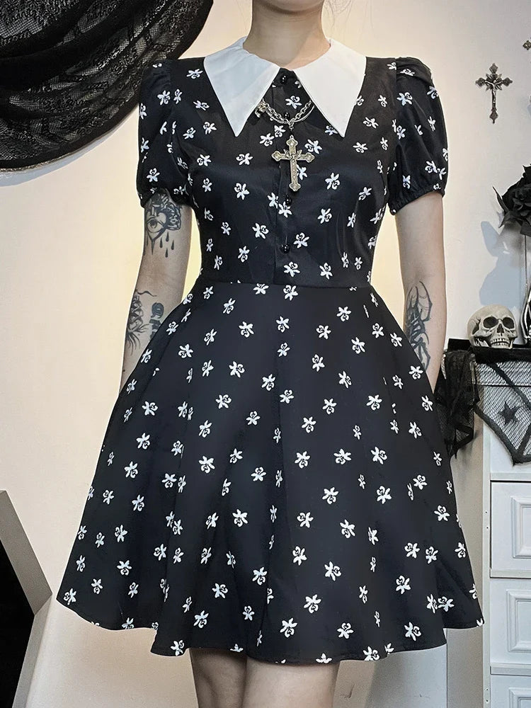 Gothic Turn Down Collar ALine Punk Print Short Sleeve Swing Cloak Bodycon Dress