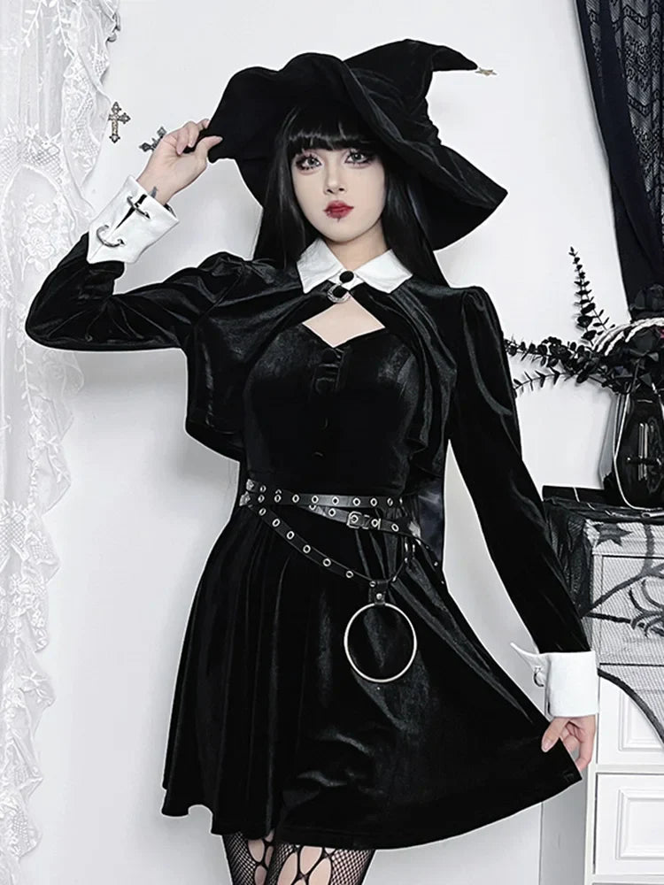 Velvet AHem Spaghetti Strap Punk V Neck Sleeveless Draped Bodycon Goth Vintage Mini Cami Dress