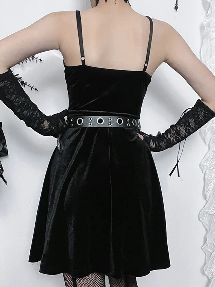 Velvet AHem Spaghetti Strap Punk V Neck Sleeveless Draped Bodycon Goth Vintage Mini Cami Dress