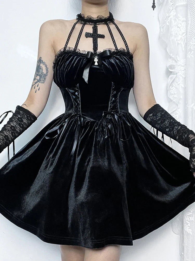 Velvet CrissCross Halter Vintage Draped Lace Sleeveless Bodycon Backless ALine Dress