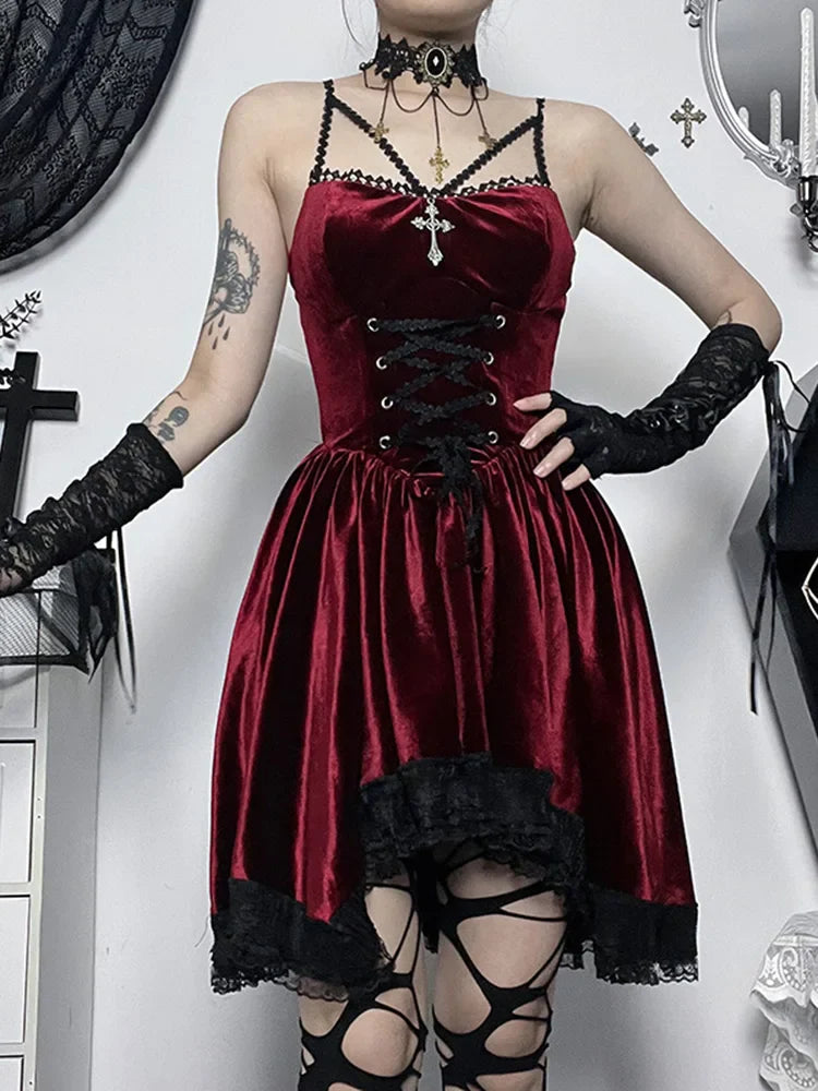 Gothic Velvet Vintage Spaghetti Strap Lace Up Romantic Casual Fashion Dress