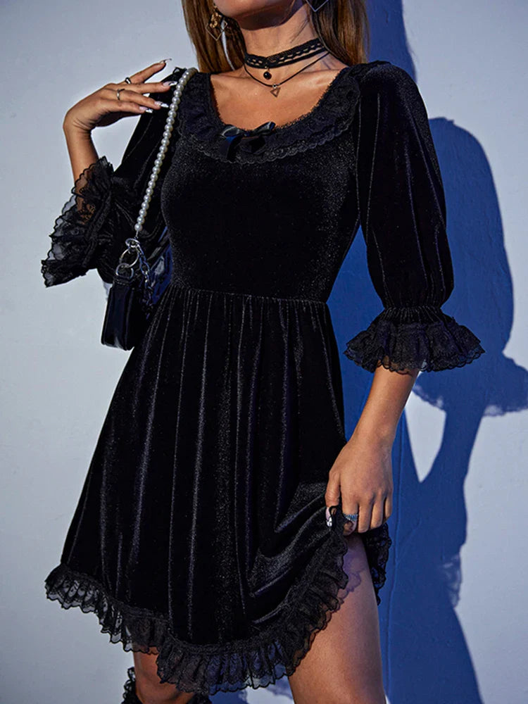 Velvet ONeck Lace Harajuku Half Lantern Sleeve Lolita ALine Vintage Party Dress