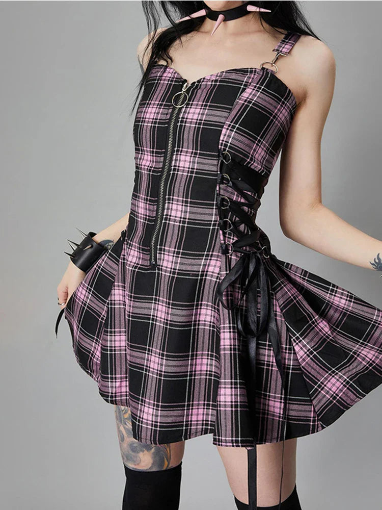 Plaid Bandage Vintage Punk Aesthetic Zipper ALine Harajuku Fashion Sleeveless Y2K Dress