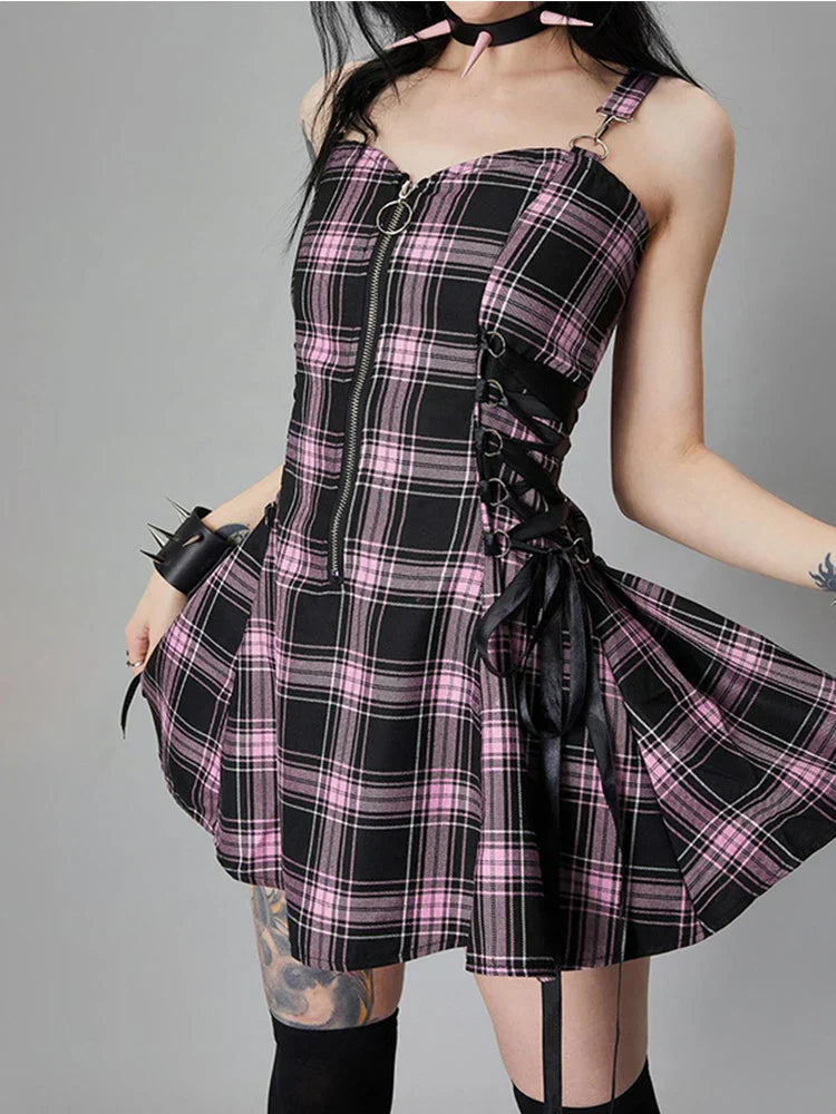 Plaid Bandage Vintage Punk Aesthetic Zipper ALine Harajuku Fashion Sleeveless Y2K Dress