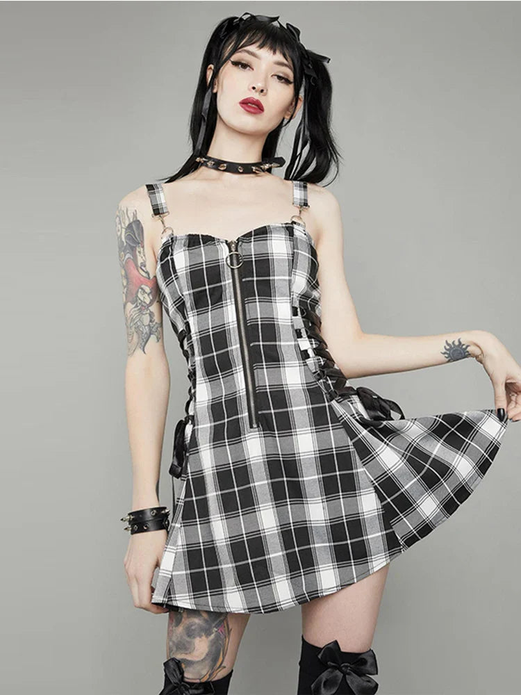 Plaid Bandage Vintage Punk Aesthetic Zipper ALine Harajuku Fashion Sleeveless Y2K Dress