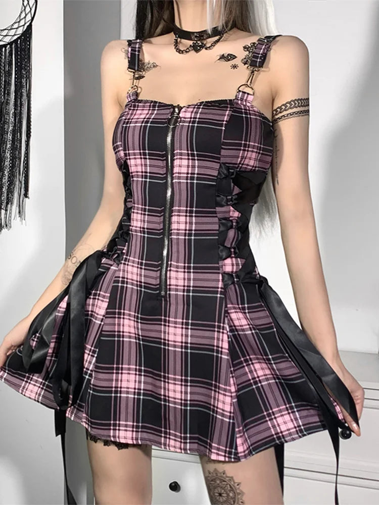 Plaid Bandage Vintage Punk Aesthetic Zipper ALine Harajuku Fashion Sleeveless Y2K Dress