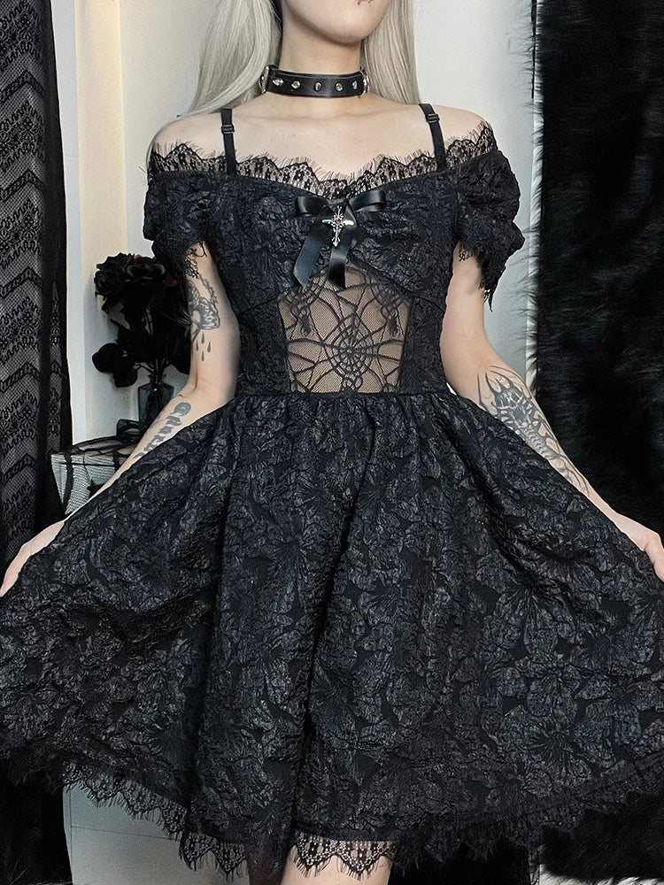 Mini Party Aesthetic One Shoulder Strap Lace Cutouts Elegant ALine High Waist Prom Y2K Grunge Clubwear Dress