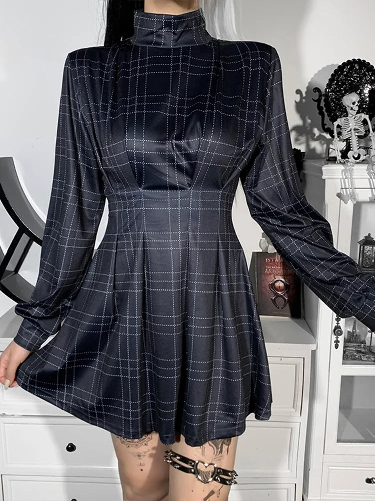 Plaid Winter Long Sleeve Turtleneck ALine Cosplay Academy Pleated Corset Dark Blue E Girl Partywear Dress