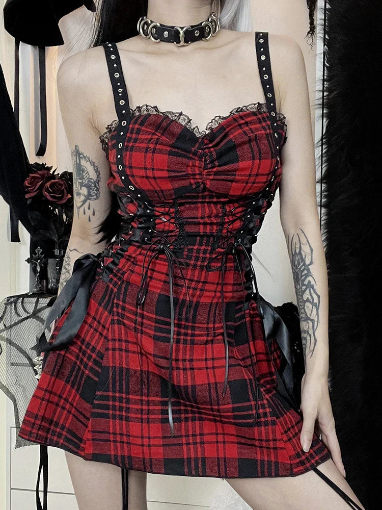 Red Plaid Street Goth Fairy Grunge Y2K Pleated LaceUp Tube Lolita Eyelet Corset Mini Dress
