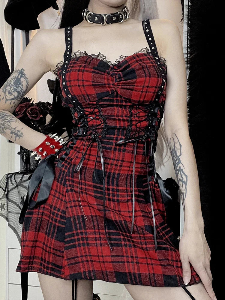 Red Plaid Street Goth Fairy Grunge Y2K Pleated LaceUp Tube Lolita Eyelet Corset Mini Dress