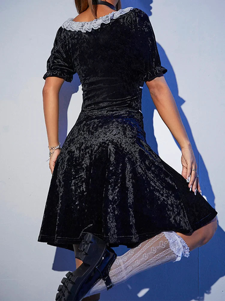 Sexy Black Harajuku Party Corset ALine Velvet Summer Fashion Emo Chic Elegant High Waist Dress