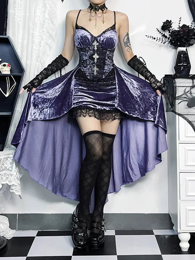 Velvet Lace Panel Corset Spaghetti Strap High-Low Ruffle Hem Dress 2