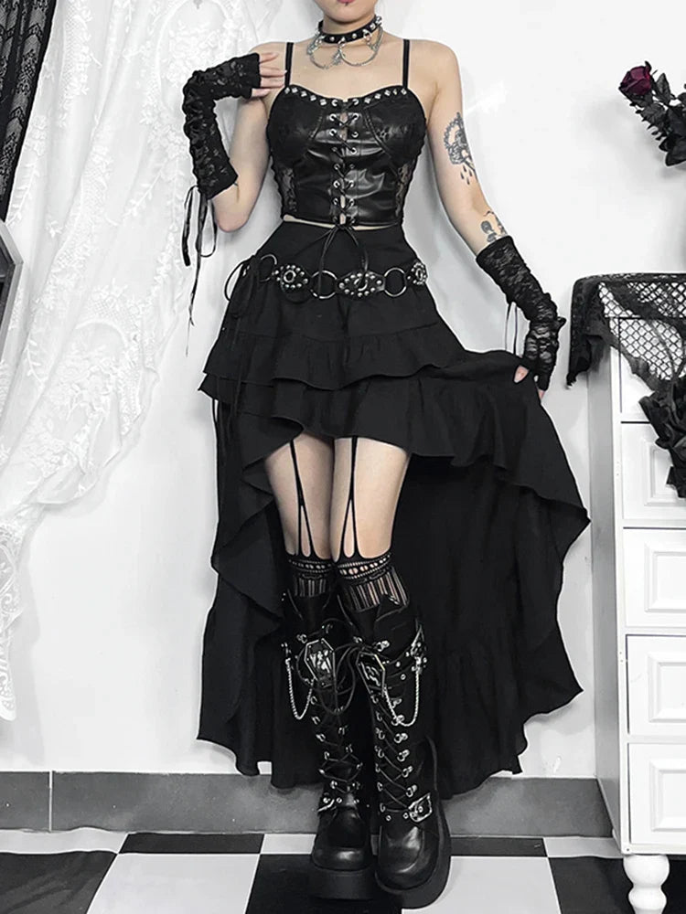 Women's SteamRetro Gothic Pleated Asymmetric HiLow Lace Party Irregular Victorian HighLow Bustle Skirt
