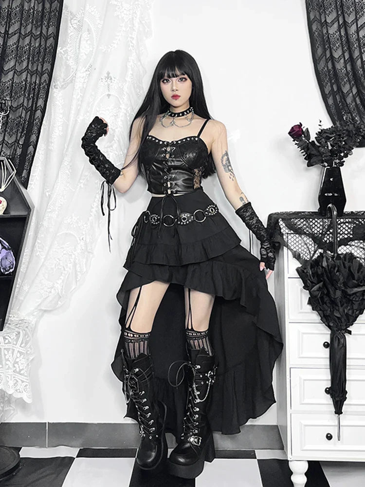 Women's SteamRetro Gothic Pleated Asymmetric HiLow Lace Party Irregular Victorian HighLow Bustle Skirt