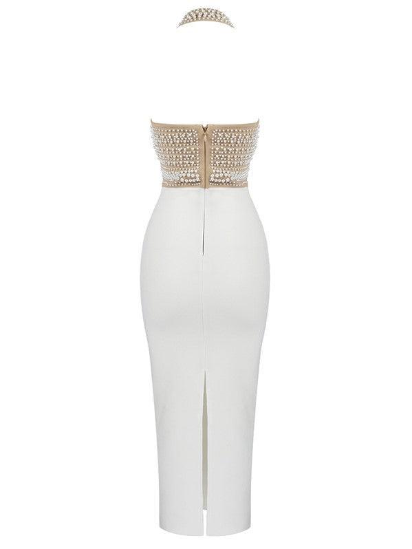 Halter Neck Pearl Beaded Mesh Bandage Bodycon Midi Dress
