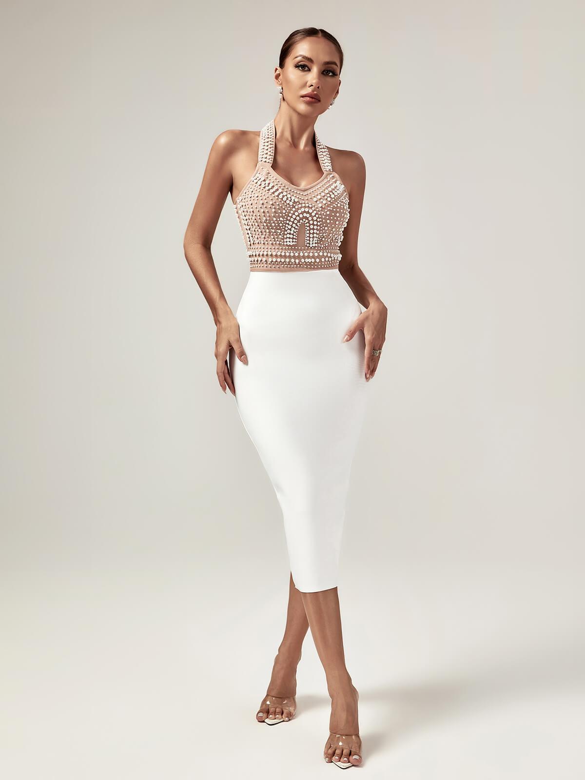 Halter Neck Pearl Beaded Mesh Bandage Bodycon Midi Dress