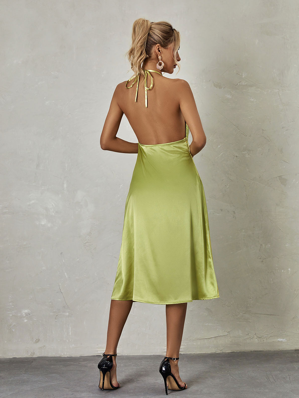 Halter Neck Pleated Bodice Satin A-Line Midi Dress