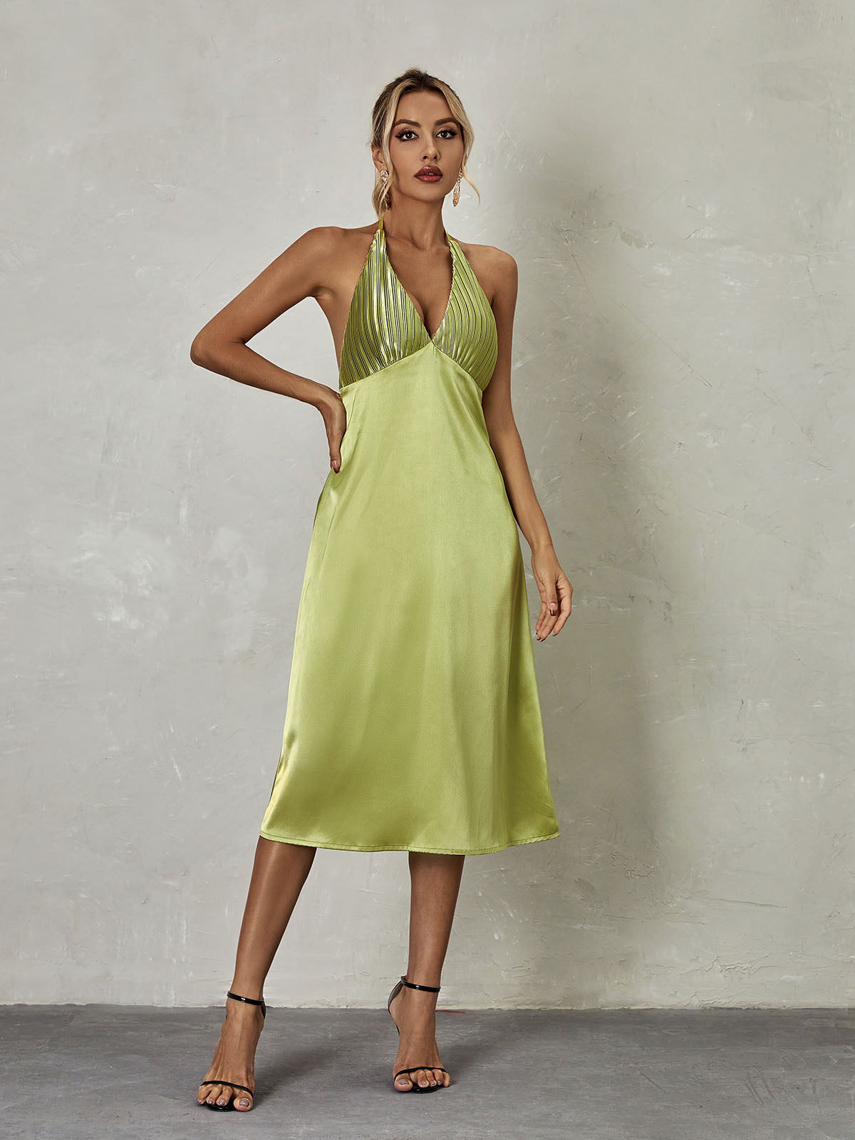 Halter Neck Pleated Bodice Satin A-Line Midi Dress