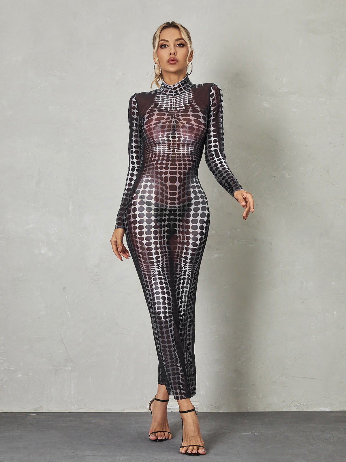 Mock Neck Long Sleeve Dot Print Mesh Bodycon Maxi Dress