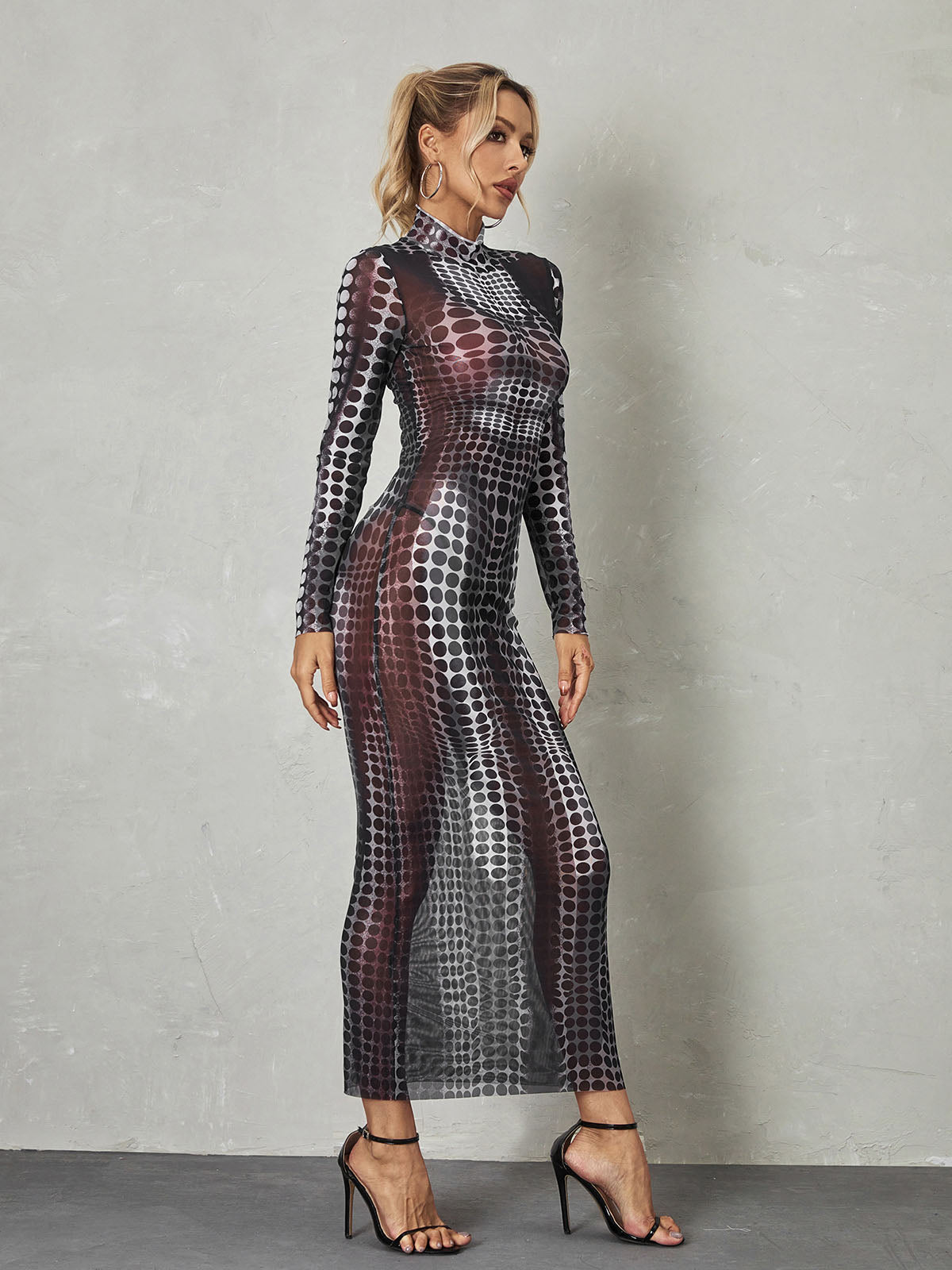 Mock Neck Long Sleeve Dot Print Mesh Bodycon Maxi Dress