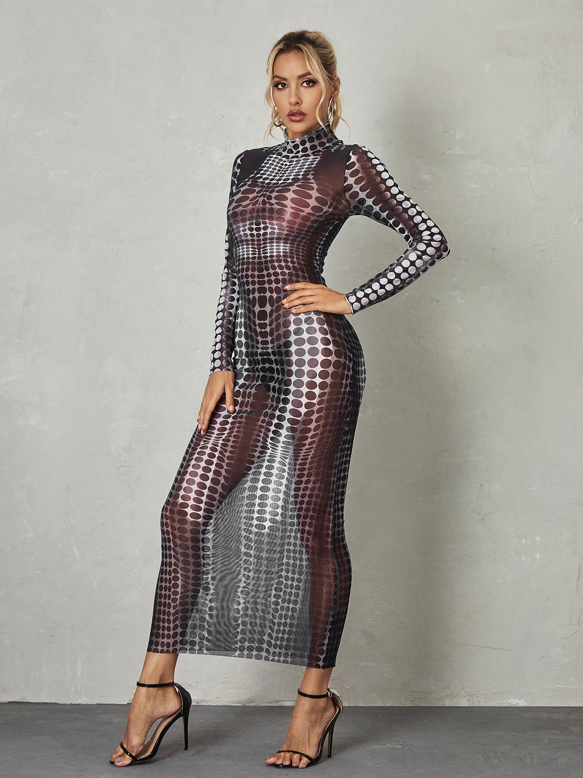 Mock Neck Long Sleeve Dot Print Mesh Bodycon Maxi Dress