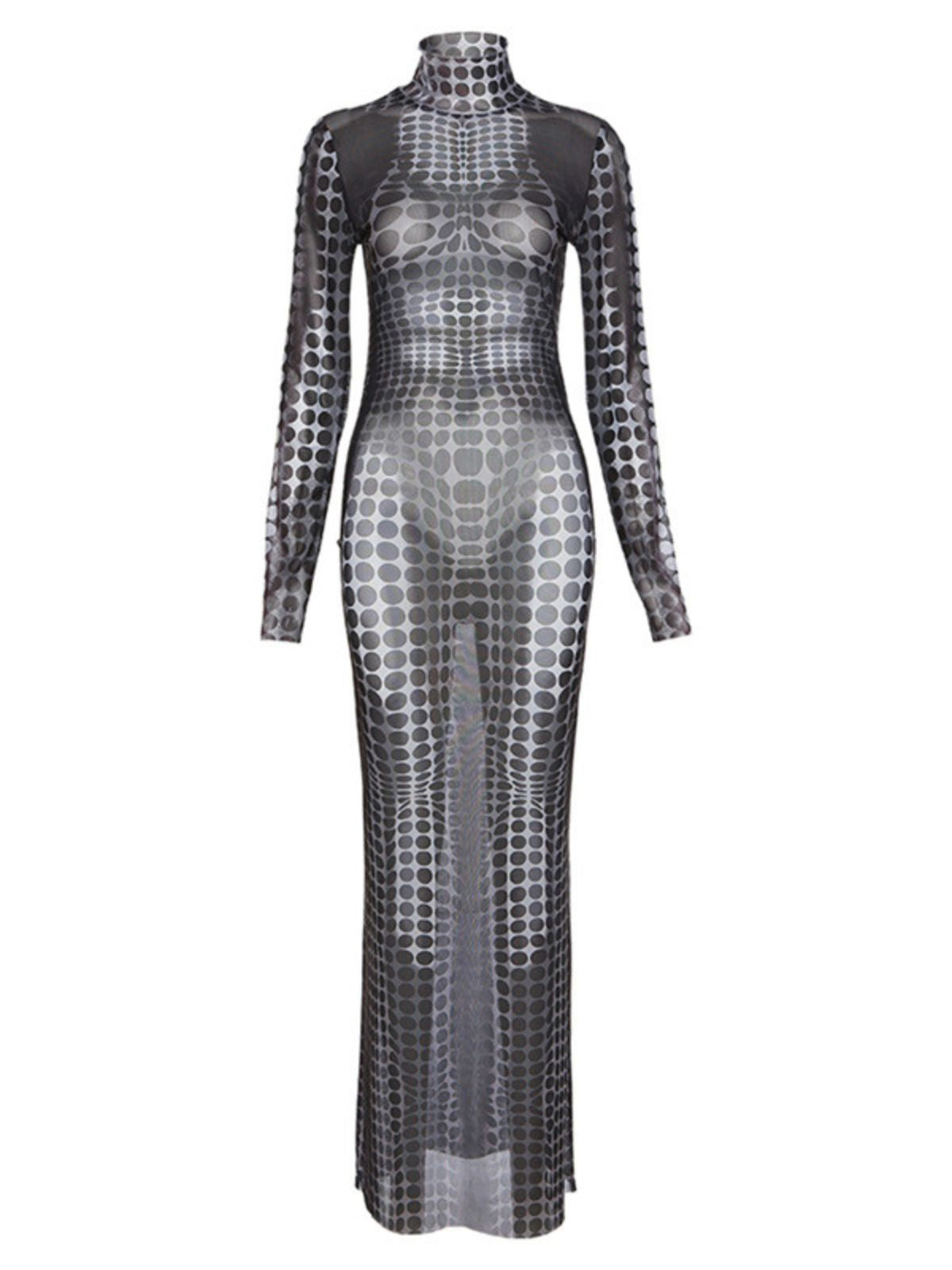 Mock Neck Long Sleeve Dot Print Mesh Bodycon Maxi Dress