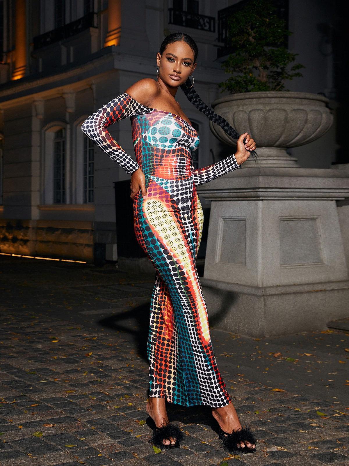 Off Shoulder Maxi Dress In Multi