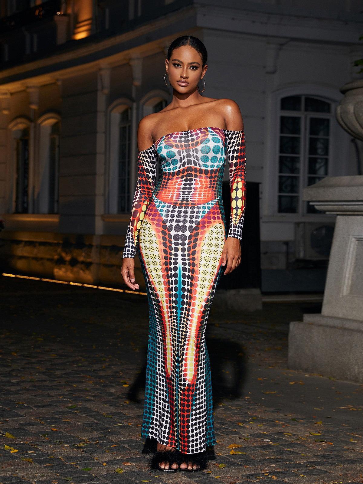 Off Shoulder Maxi Dress In Multi
