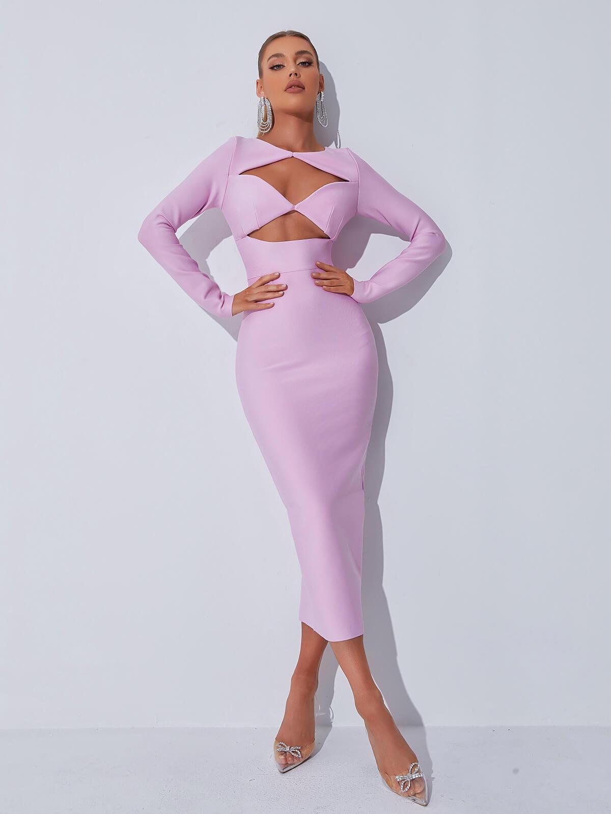 Long Sleeve Twist Front Cutout Bandage Bodycon Midi Dress