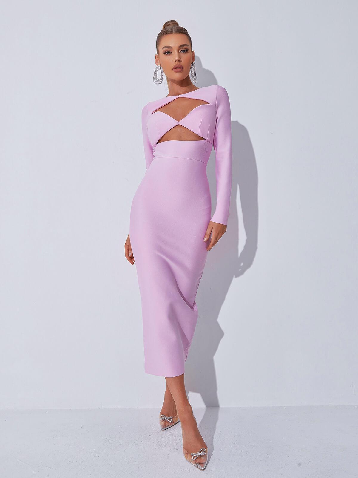 Long Sleeve Twist Front Cutout Bandage Bodycon Midi Dress