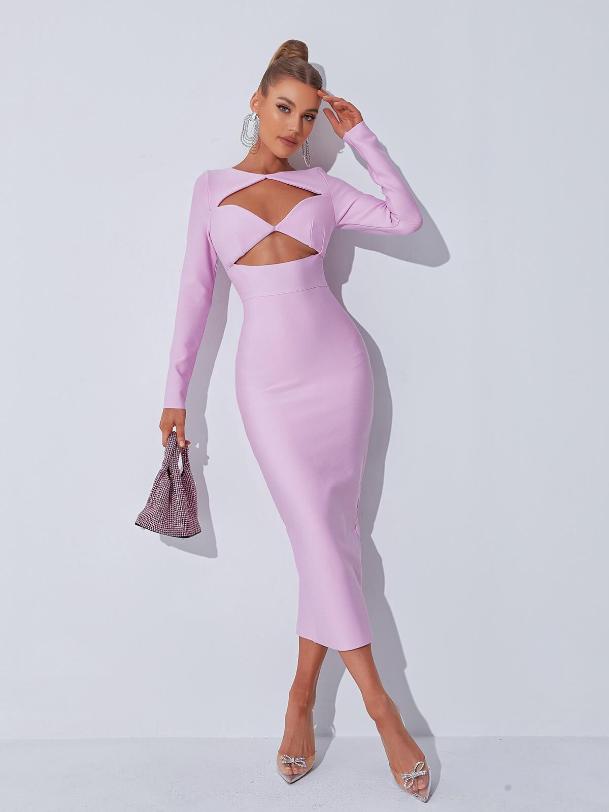 Long Sleeve Twist Front Cutout Bandage Bodycon Midi Dress