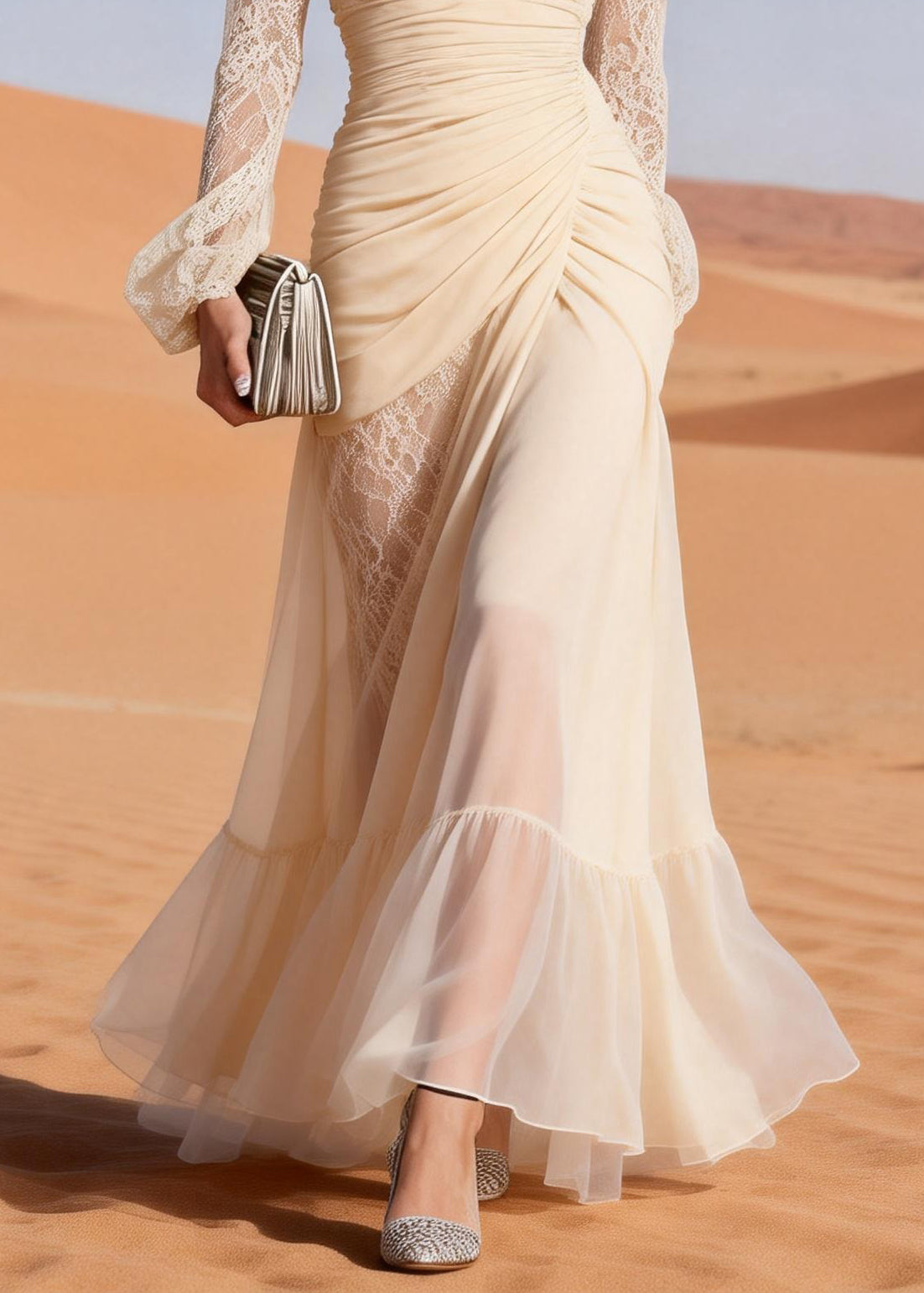 Italian Beige Lace Wrinkled Patchwork Chiffon Party Dress Spring